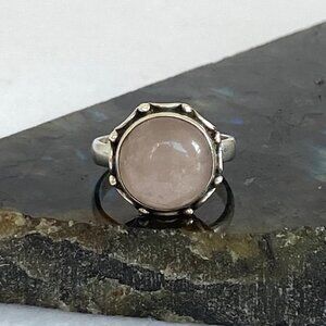 Sterling Silver 925 Round Bezel Set Rose Quartz Cabochon Band Ring Size 6